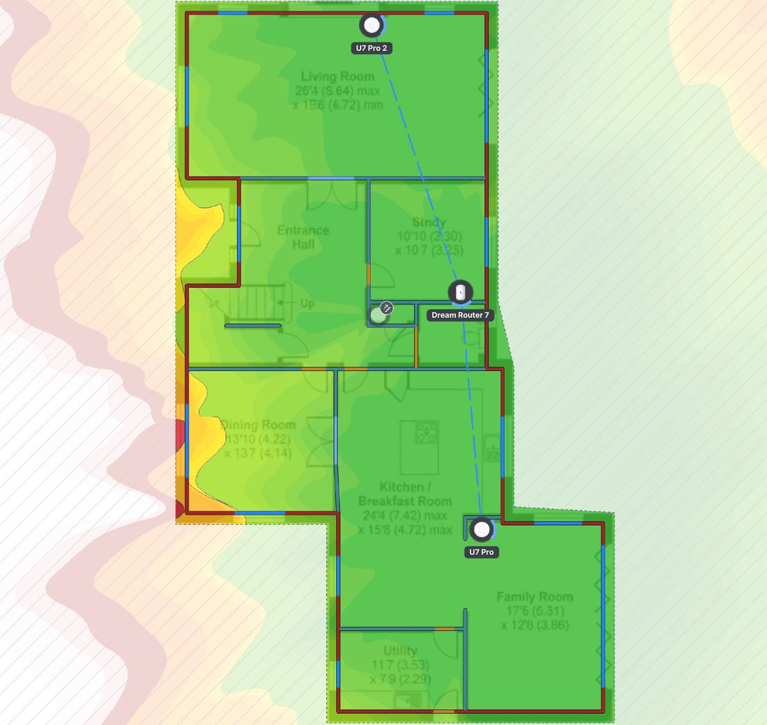 Ground floor plan of an existing two-storey house with estimated 5 GHz WiFi coverage from a UniFi router and wireless access points